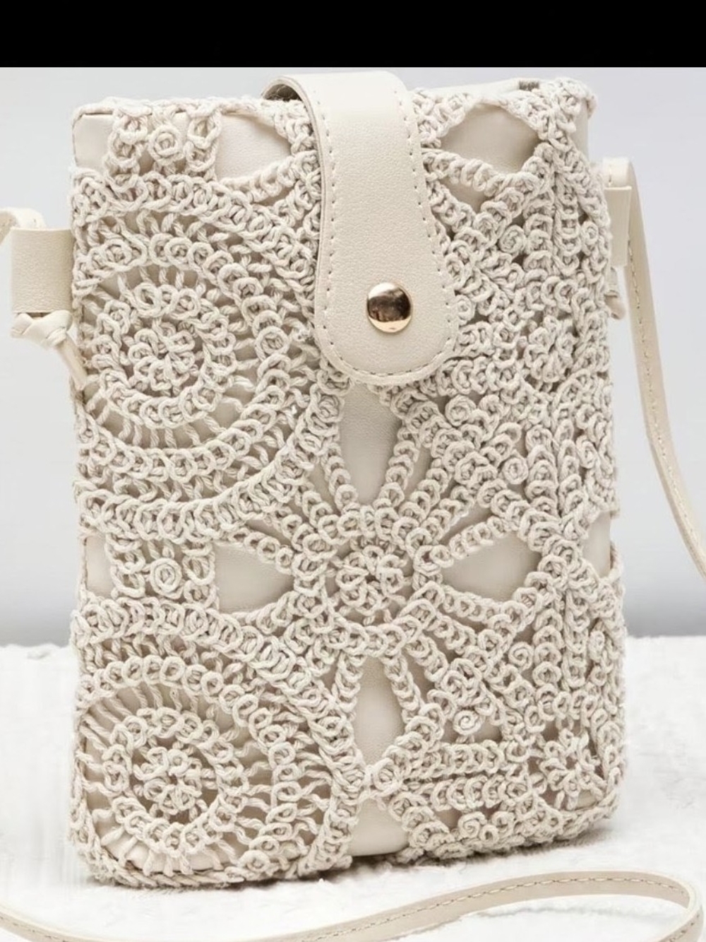 Cream Crochet Crossbody Bag with Snap Flap